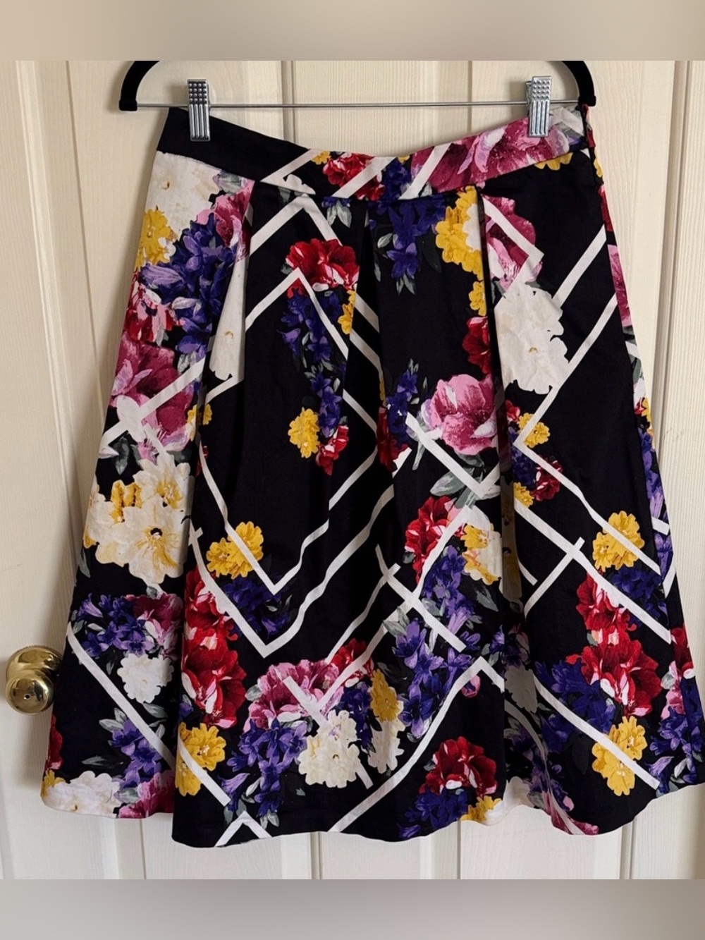 Black Floral Geometric A-Line Skirt with Multicolor Blooms